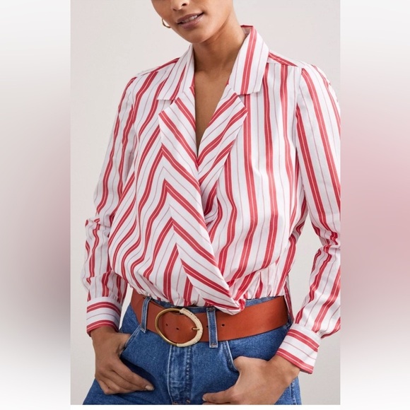 Harshman Anthropologie Striped Surplus Blouse In Red White Stripe High Low Sz M - Picture 2 of 12